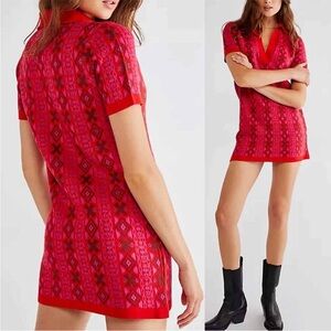 Free People Kitt Mini Dress M Sweater Knit Retro Collar V Neck Red Berry Preppy